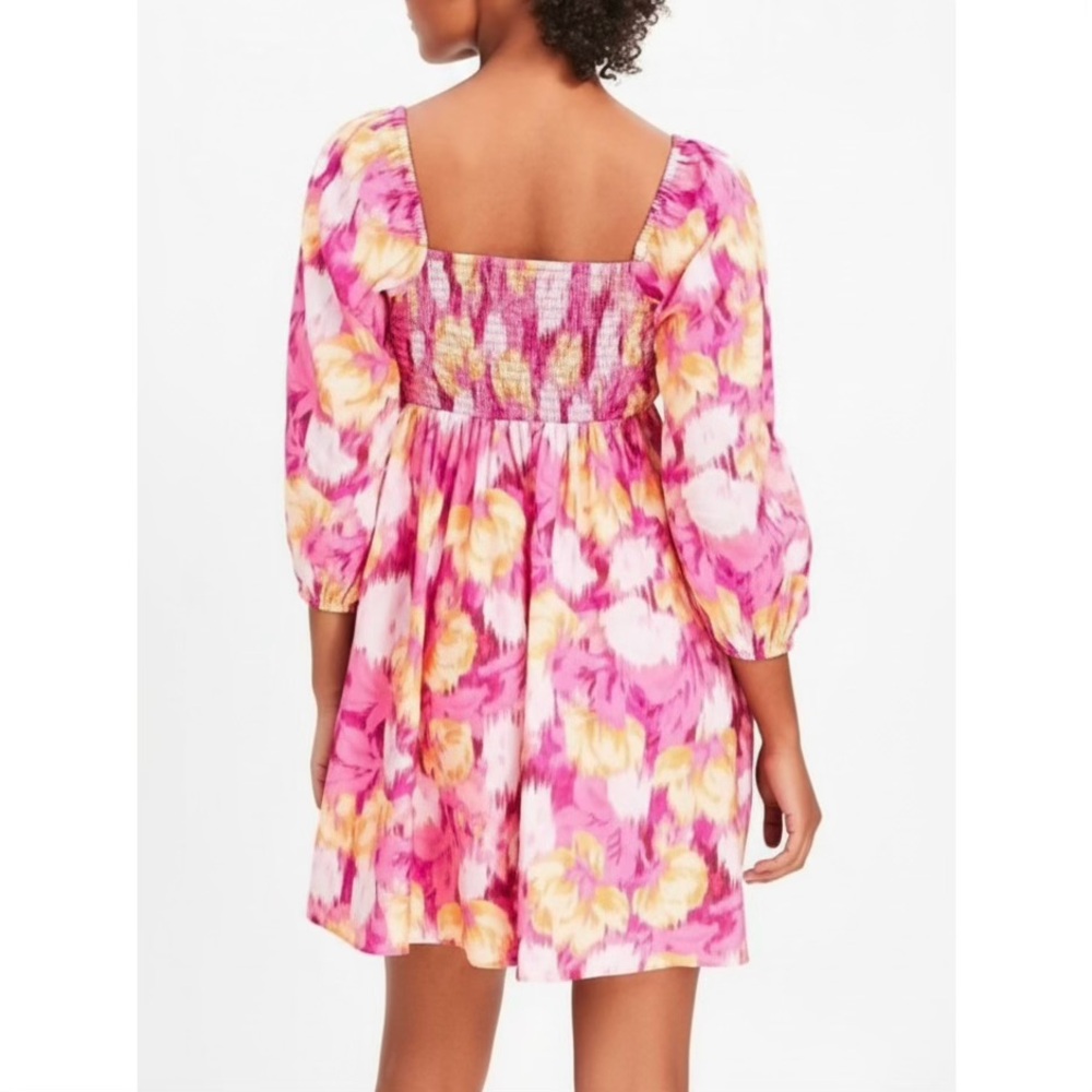 LOFT NWT Pink Floral Ikat Knotted Puff Sleeve Swing Dress Magenta Sunset Large - Picture 4 of 9